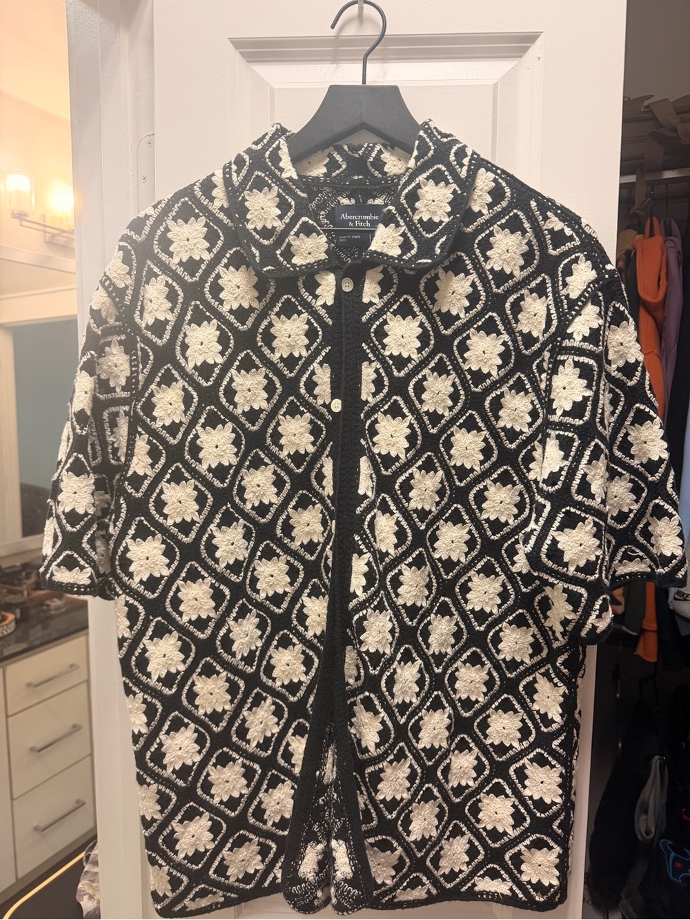 Abercrombie & Fitch Black and Cream Crochet Button-Down Shirt